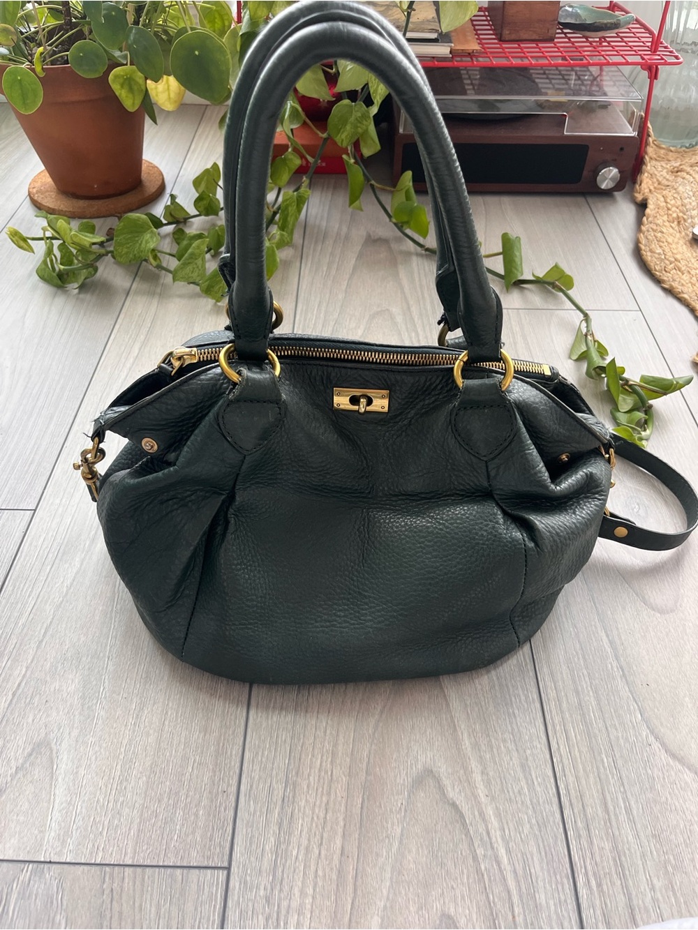 J. Crew Dark Green Leather Satchel with Gold Hardware